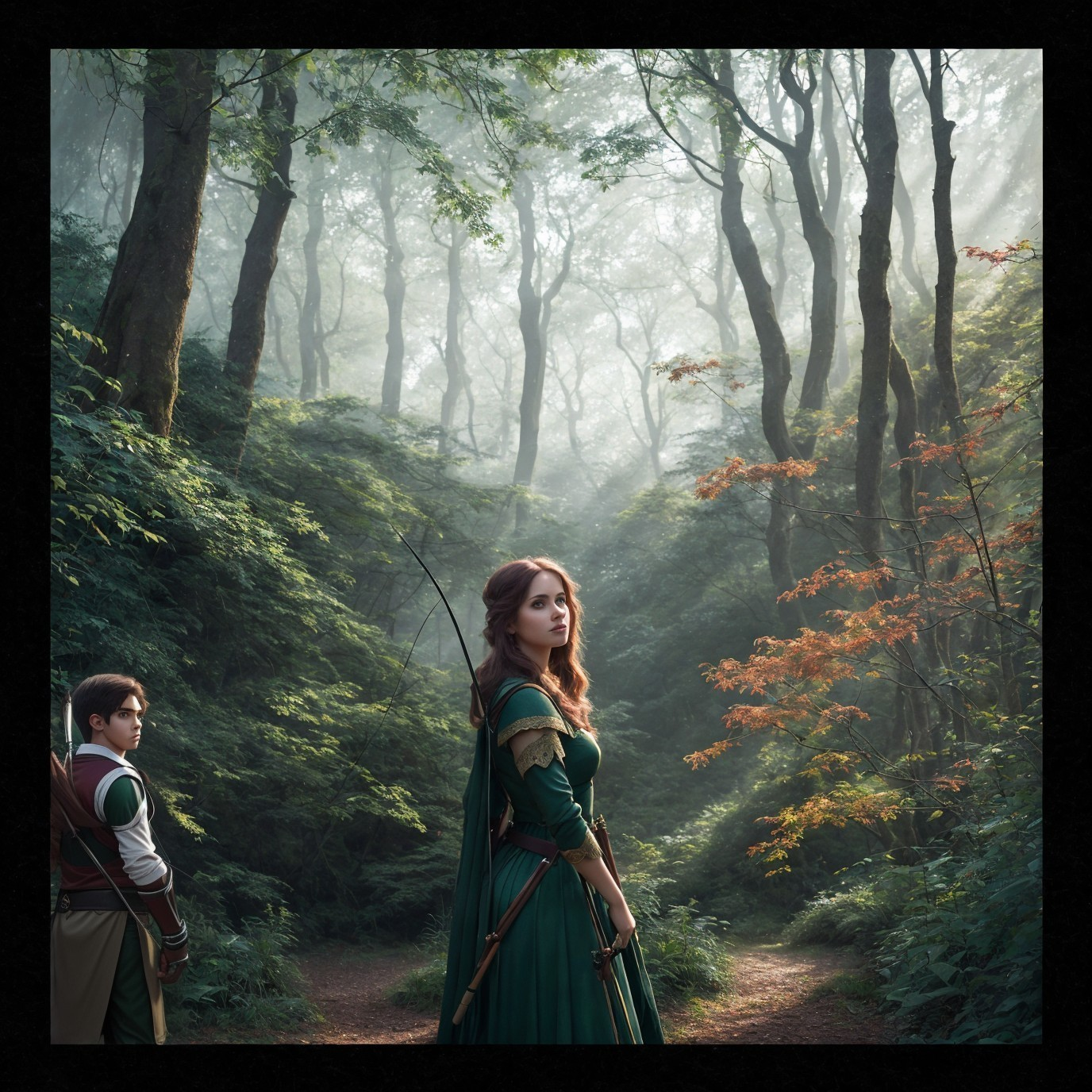 Mystical forest scene with confident woman and man