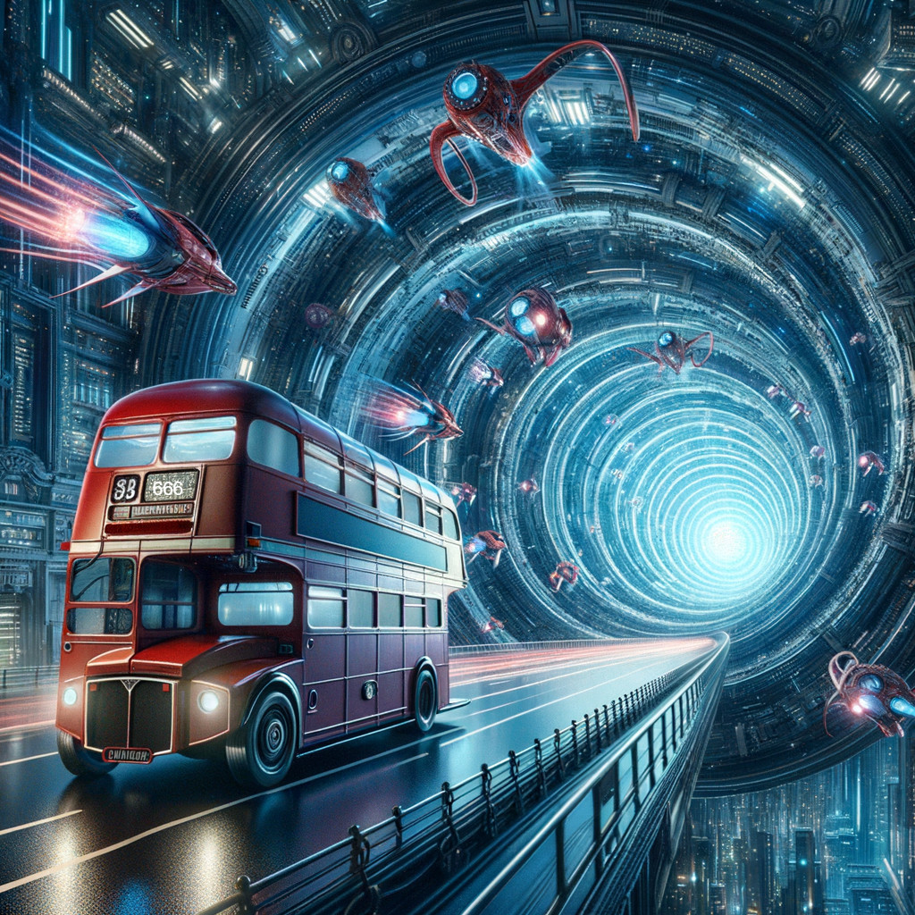 Futuristic Scene with Double-Decker Bus and Spacecraft