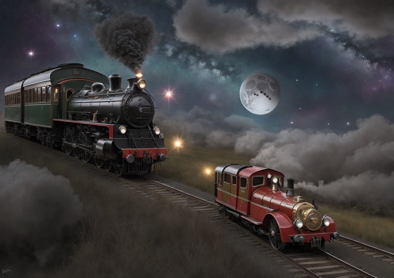 Vintage trains on parallel tracks under starry sky with full moon