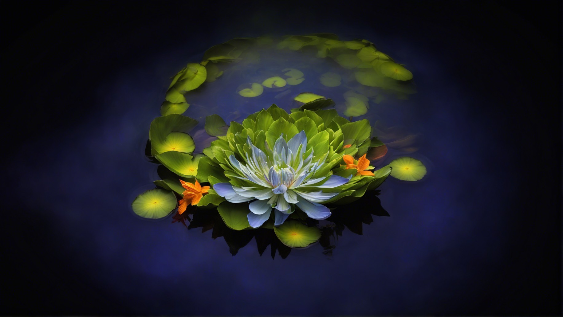 Vibrant Water Lily Surrounded by Green Pads and Flowers