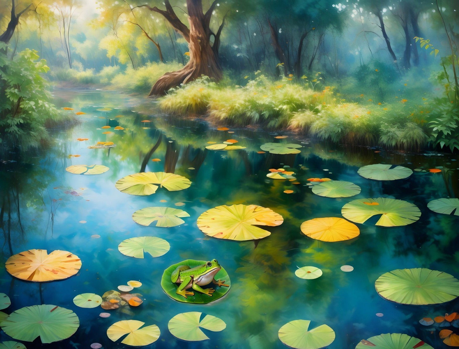 Serene Pond Illustration with Lily Pads and Frog