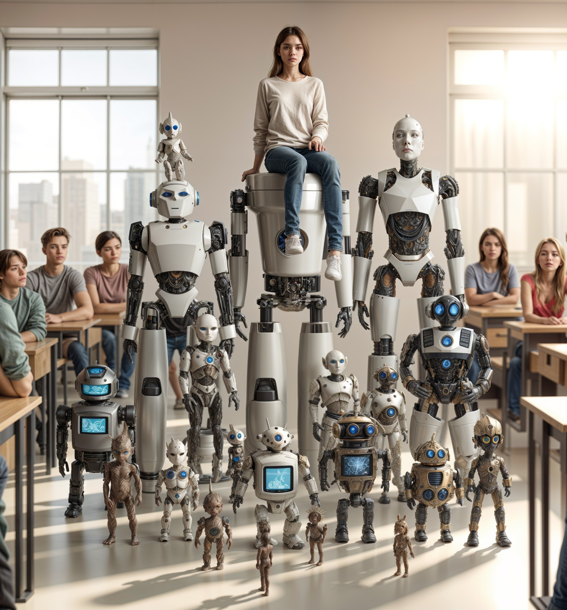 Classroom Scene Featuring Robots and Human Collaboration