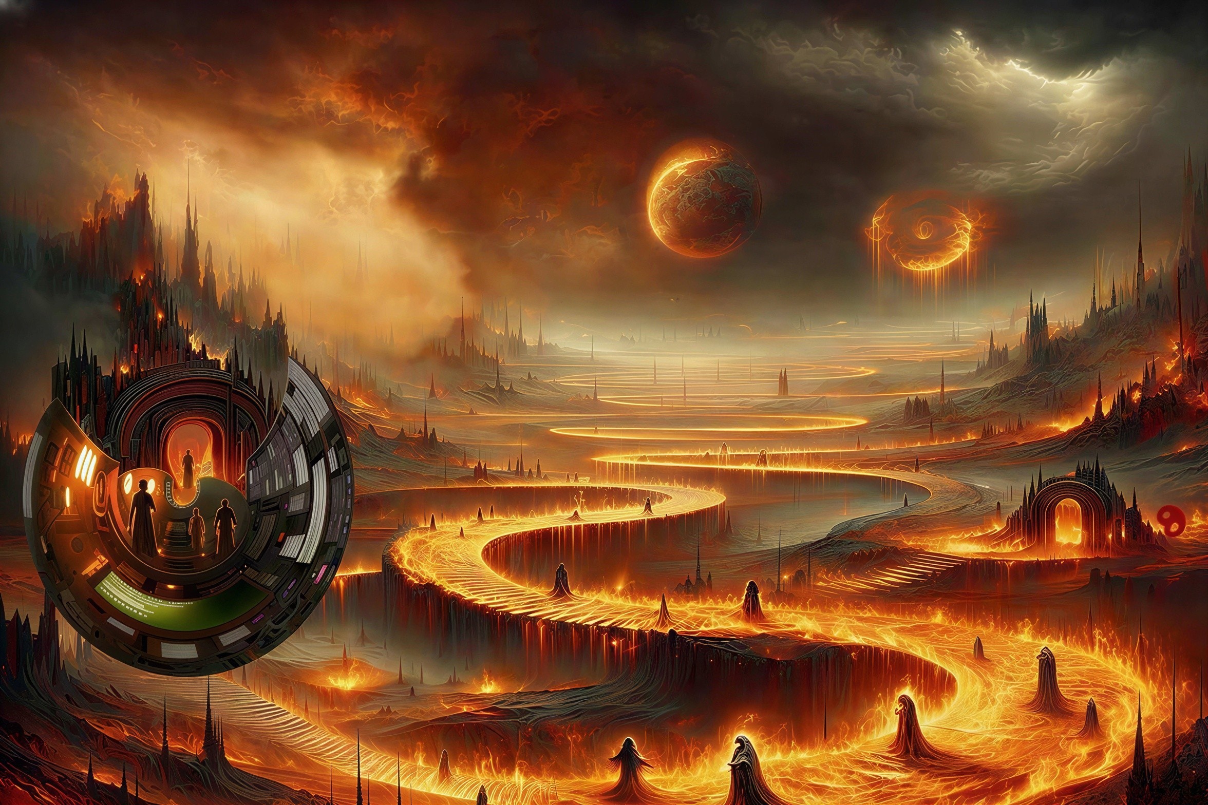 Apocalyptic Landscape with Lava River and Metallic Structure