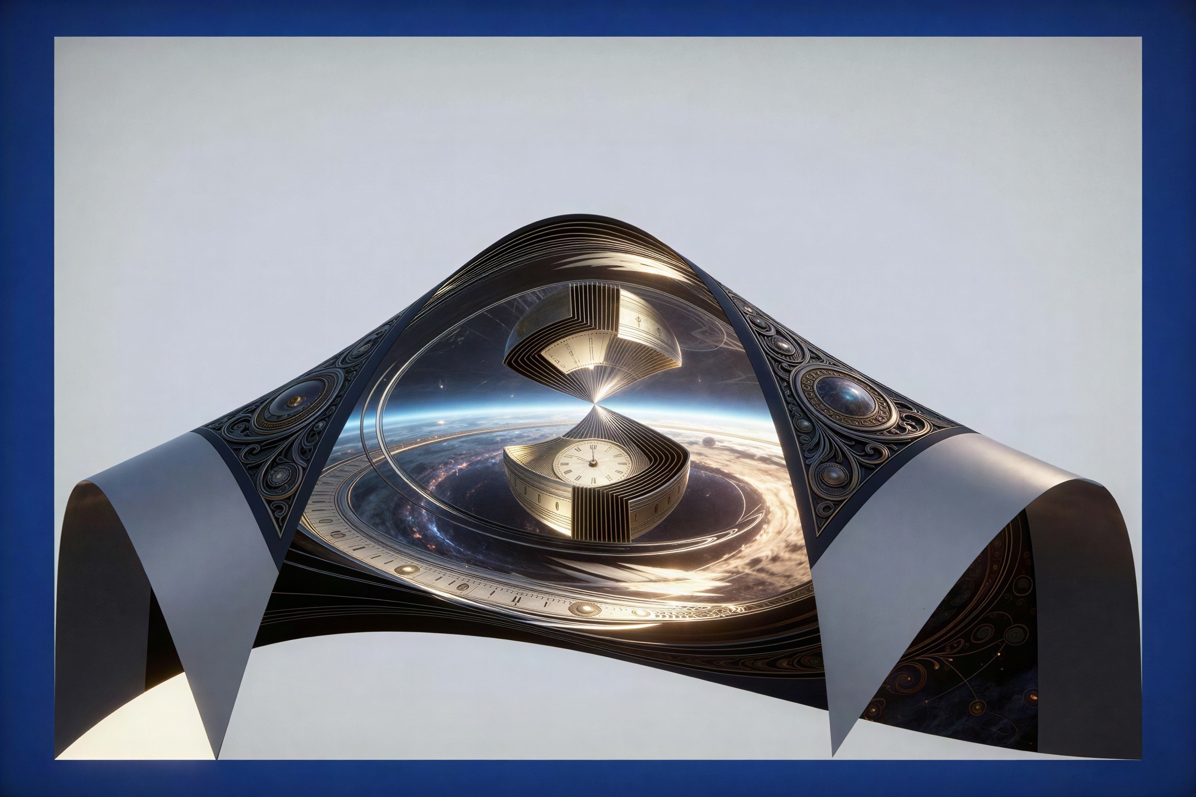 Curved Metallic Shapes in Cosmic Space Scene