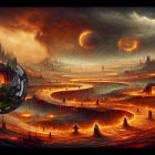 Apocalyptic Landscape with Lava River and Metallic Structure