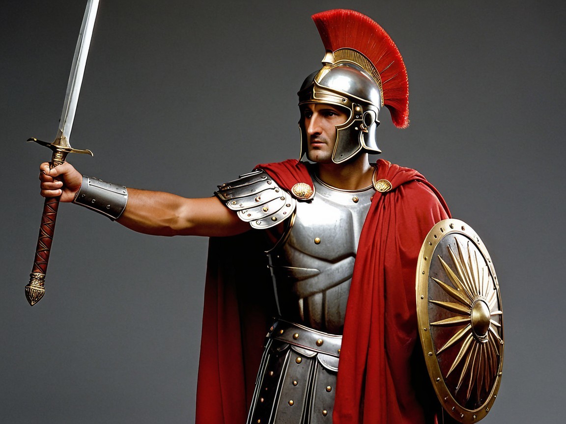 Roman Soldier in Ornate Armor with Sword and Shield