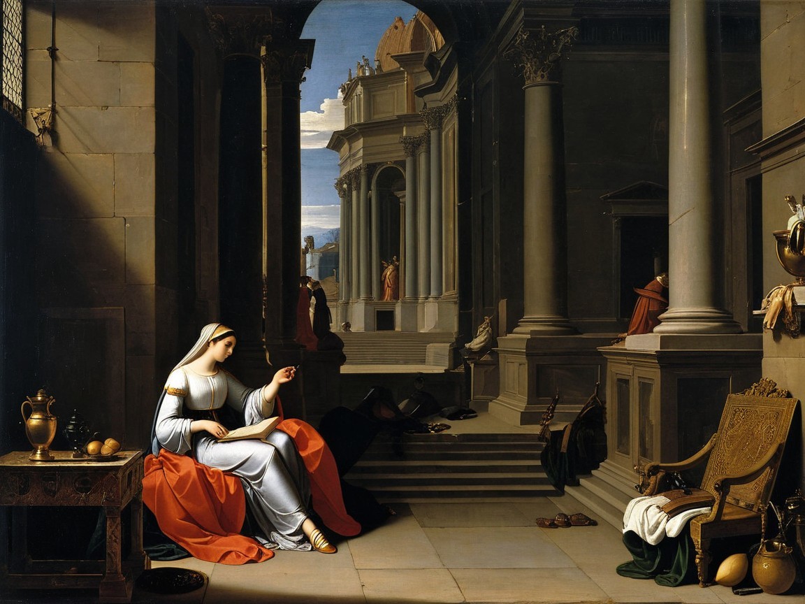 Serene Interior Scene with Woman in White Dress