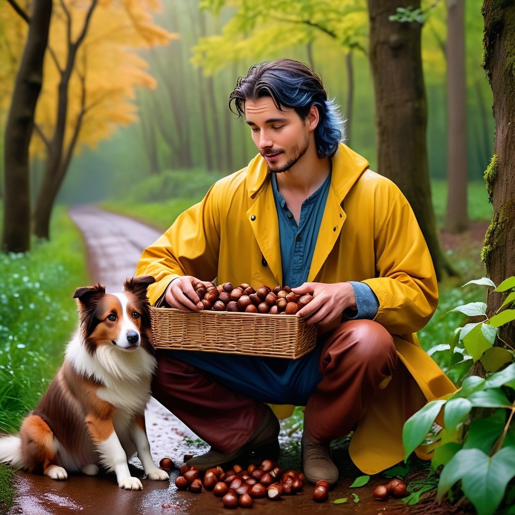 Young Man in Raincoat Collecting Chestnuts in Forest