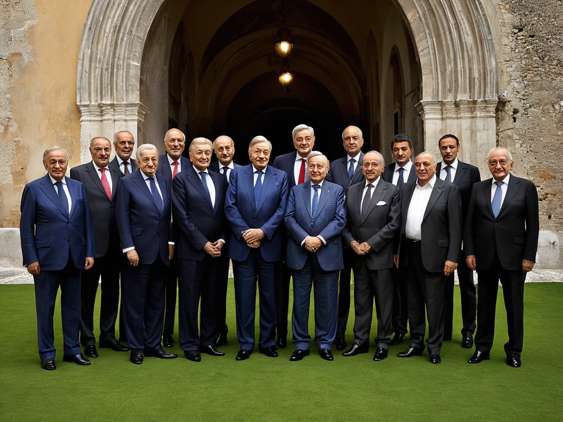 Formally Dressed Men in Arched Courtyard Setting