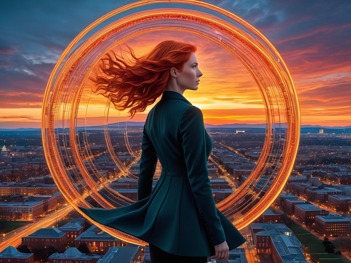Woman with Red Hair Overlooking City at Sunset
