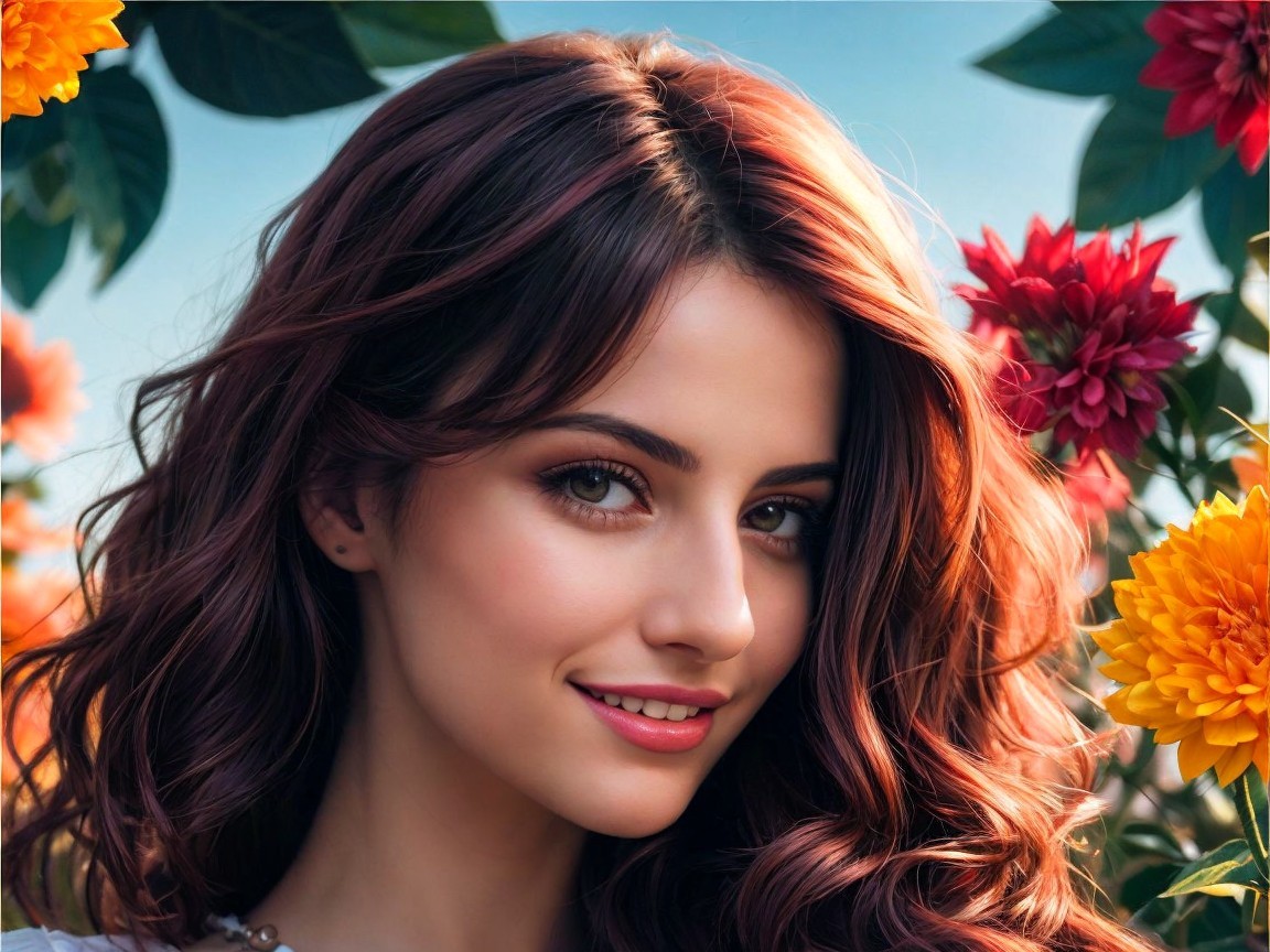 Young woman in floral setting with warm smile