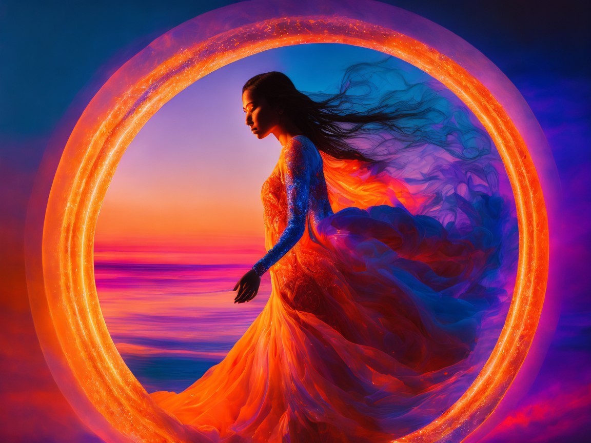 Woman in ethereal gown within glowing circular frame