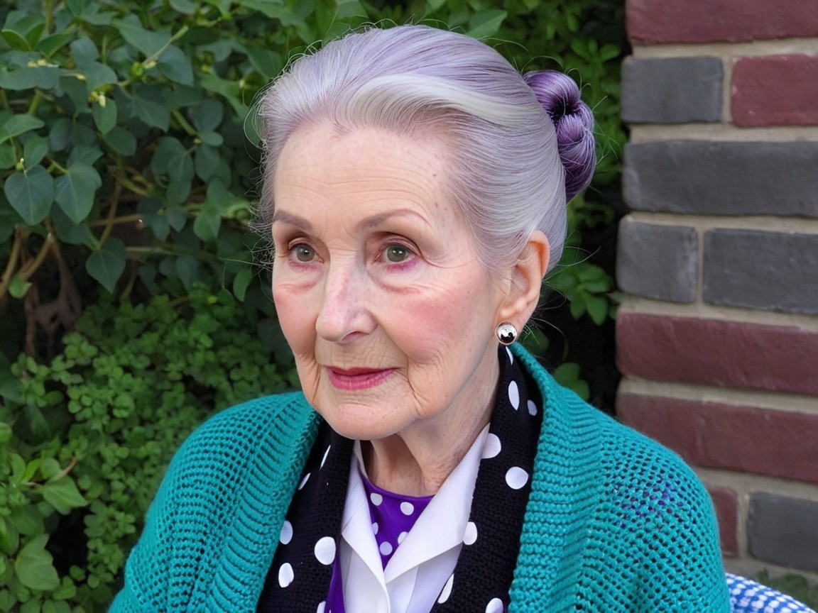 Elderly Woman in Turquoise Cardigan in Garden Setting