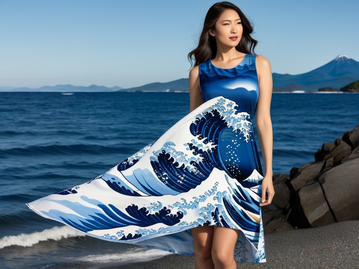 Woman in flowing wave-pattern dress by the ocean