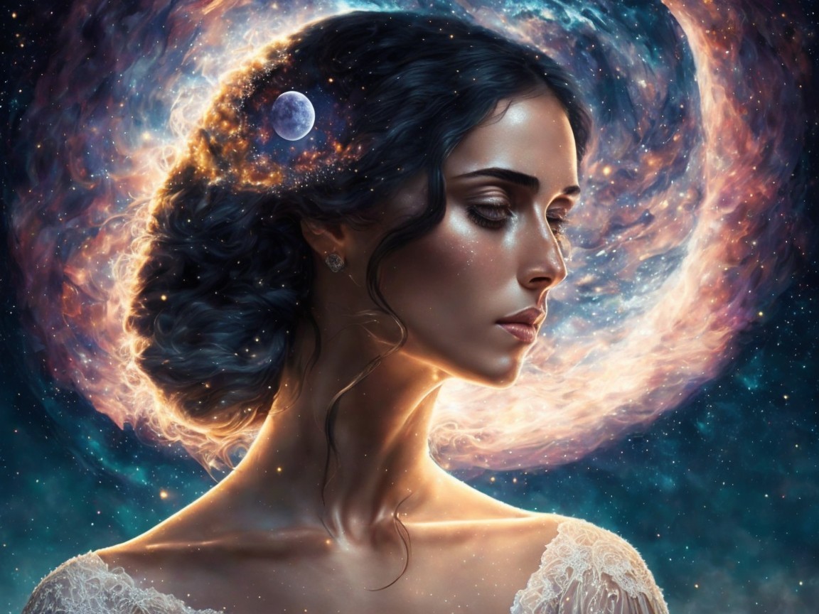 Serene Woman Gazing at Cosmic Beauty and Stars