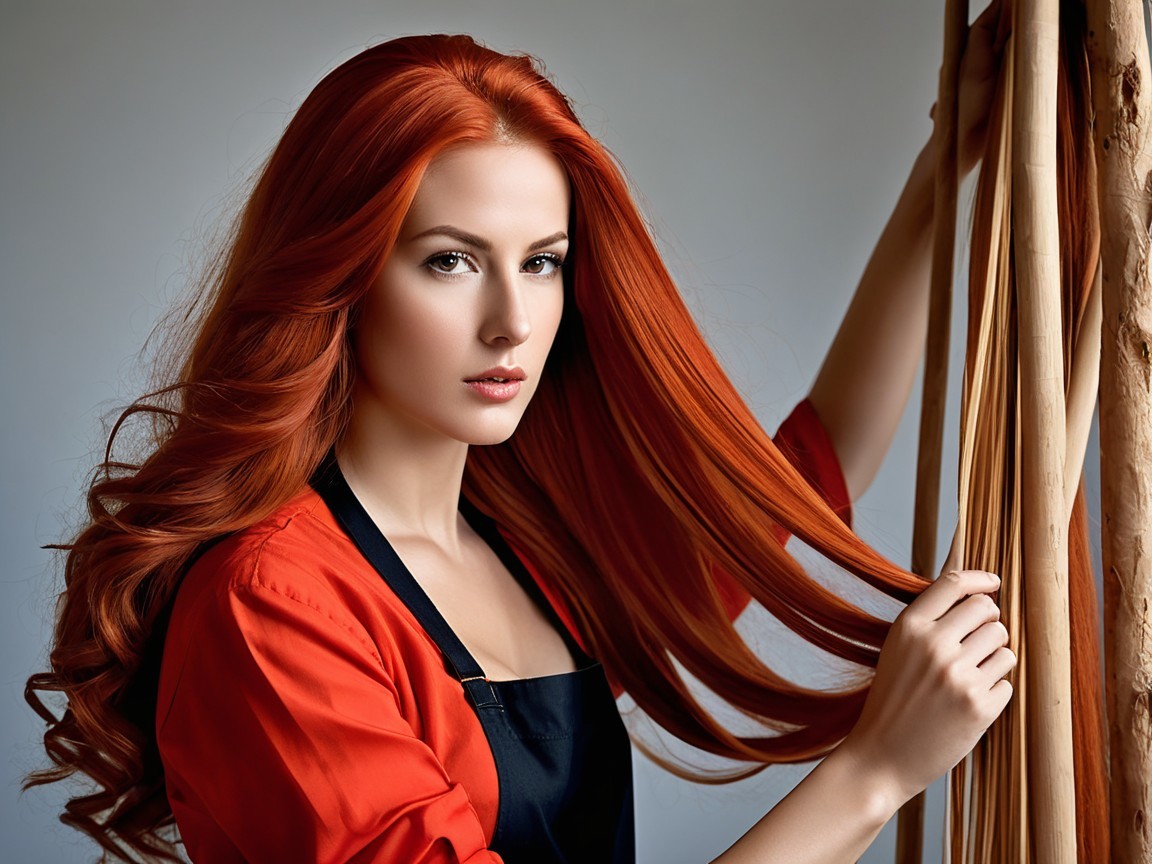 Portrait of a woman with long red hair and apron