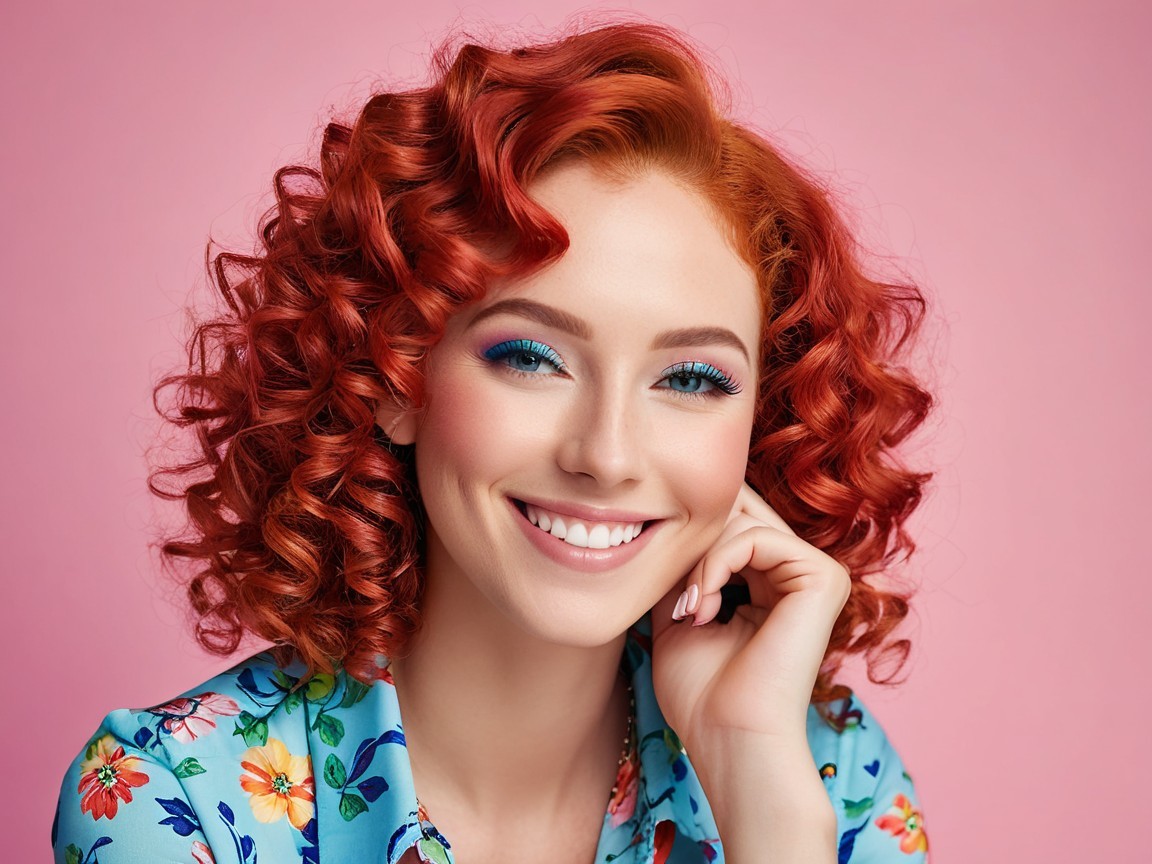 Smiling Woman with Red Hair in Floral Blouse
