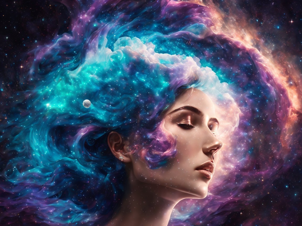 Woman's Profile Against Cosmic Galaxy Background