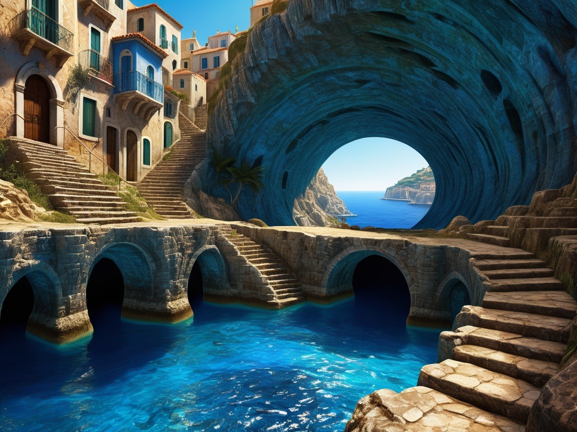 Coastal Scene with Ancient Stone Arches and Cliffs