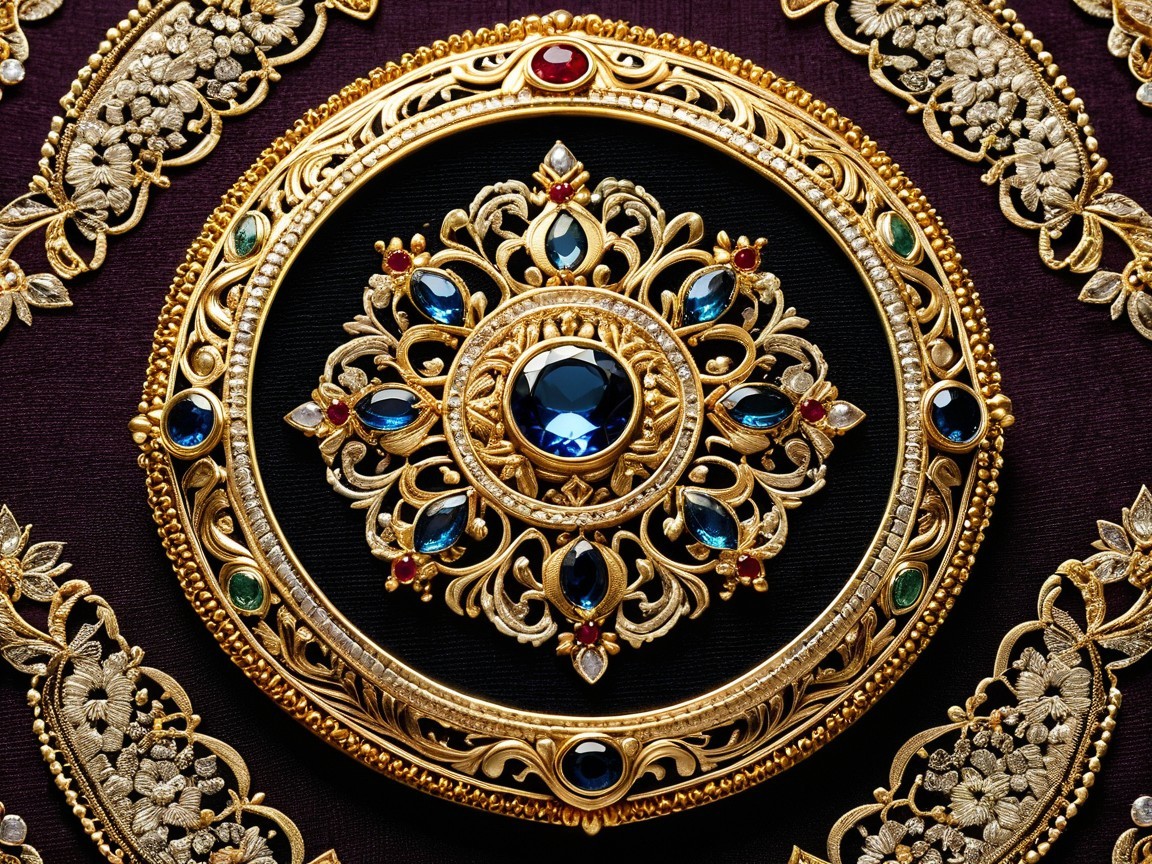 Ornate jewelry with gold filigree and vibrant gemstones