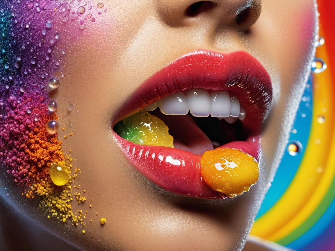 Close-up of Glossy Red Lips with Colorful Candies