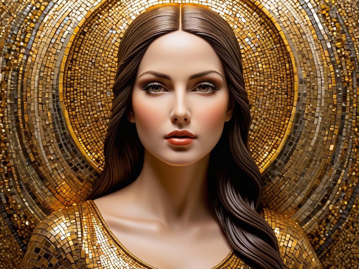 Portrait of a woman in golden attire with mosaic halo