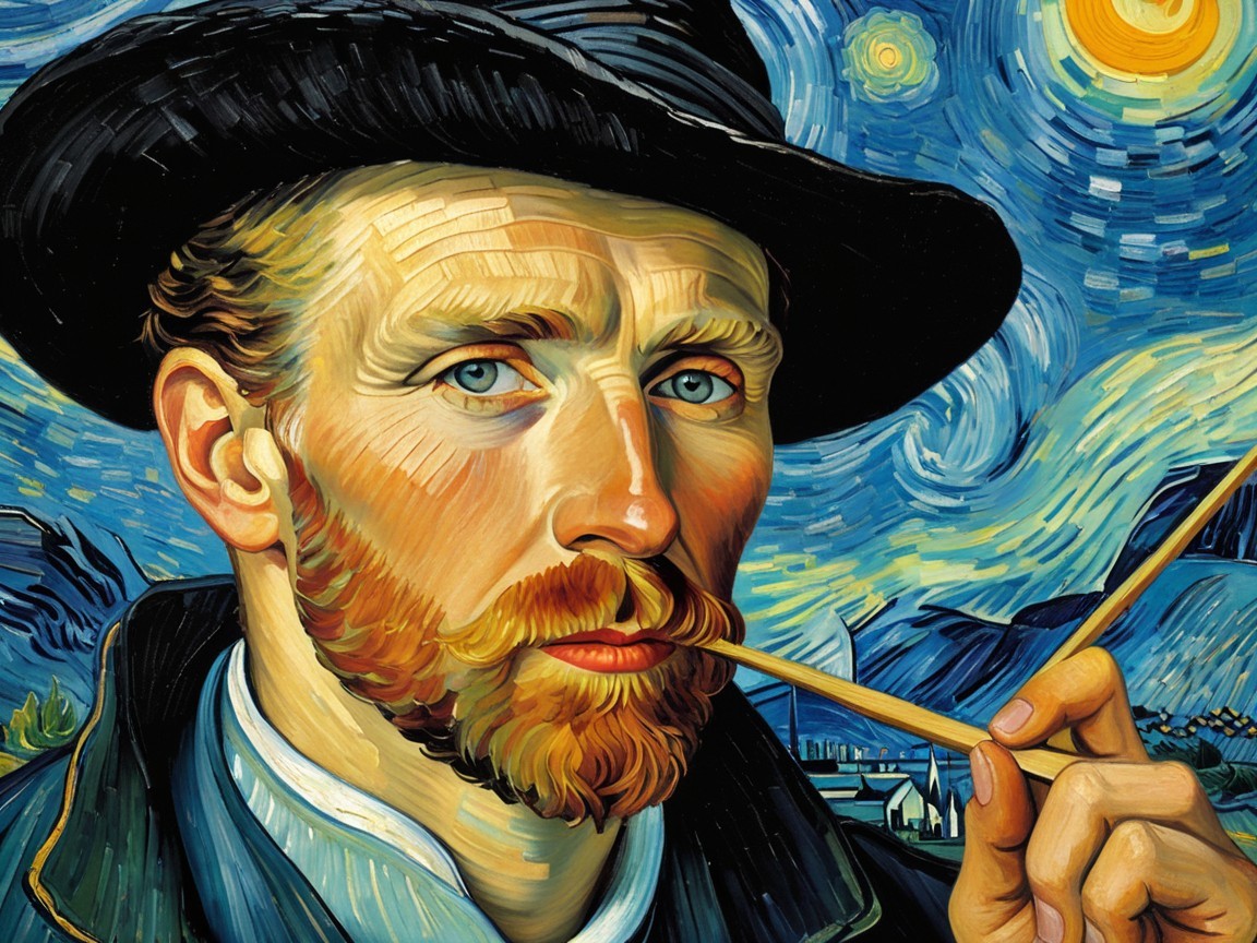 Vibrant Self-Portrait of a Man with Blue Eyes and Beard