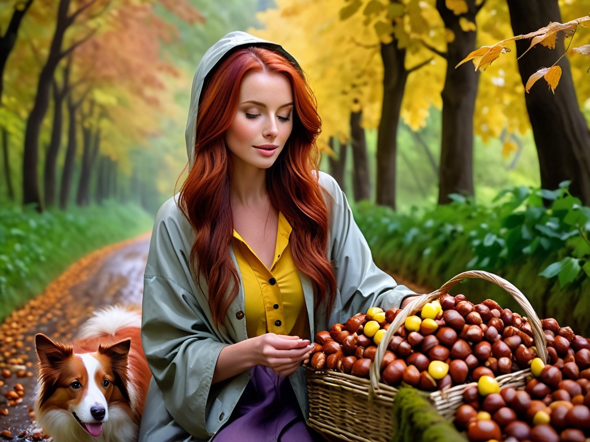 Young Woman with Dog in Autumn Forest Setting