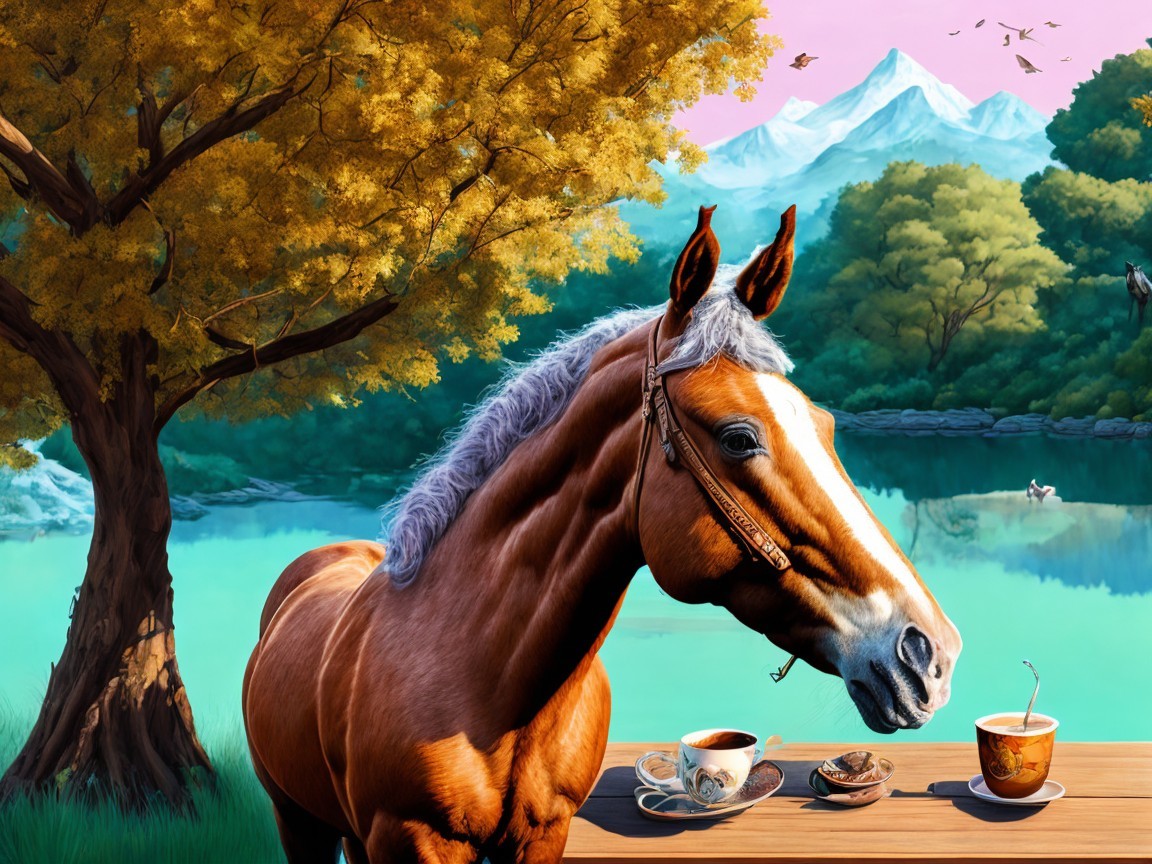 Majestic horse by a lake with autumn scenery and coffee
