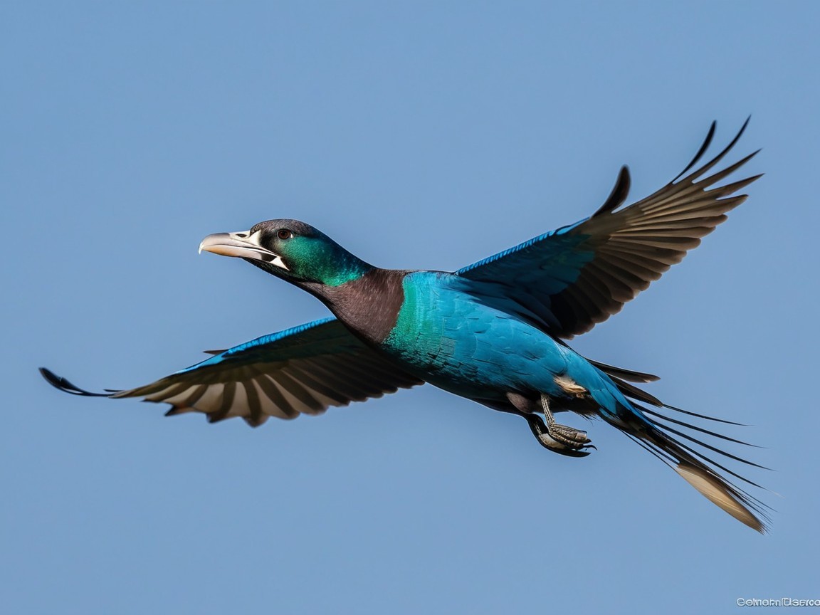 Vibrant Bird in Mid-Flight Against Clear Blue Sky