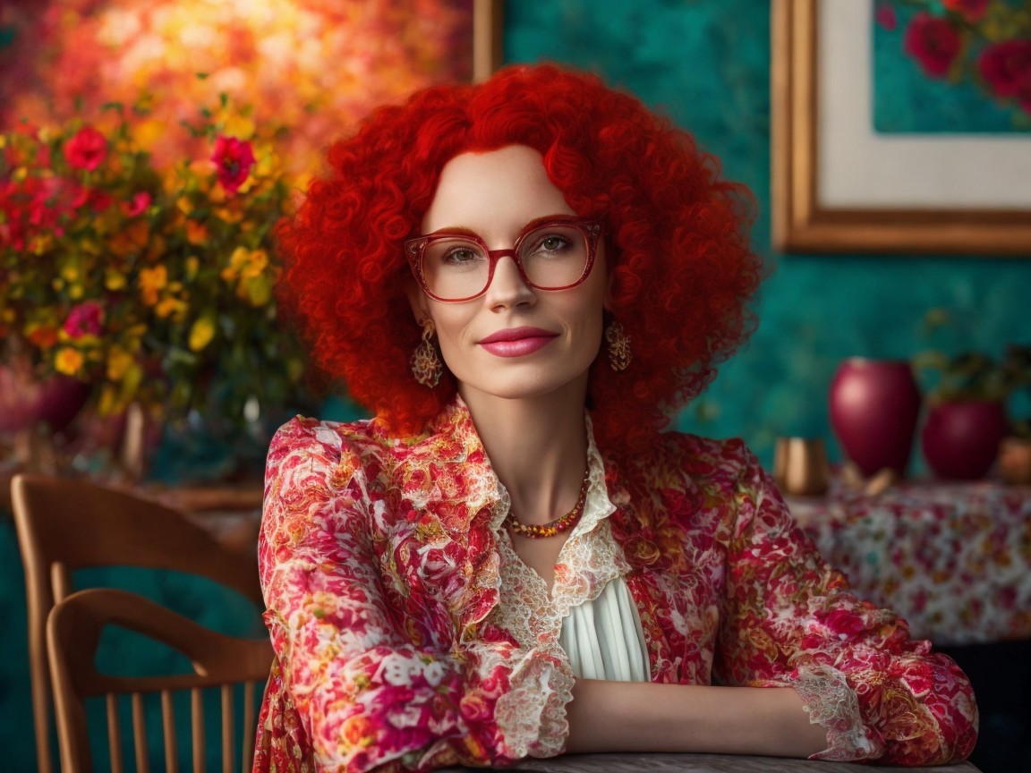 Elegant Woman with Red Hair in Floral Outfit and Glasses