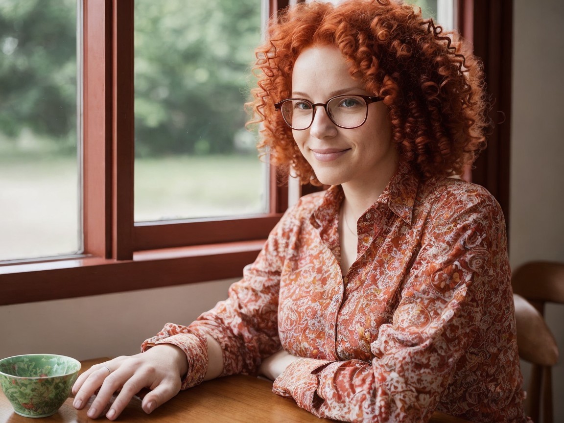 Young woman with red hair and glasses at a table