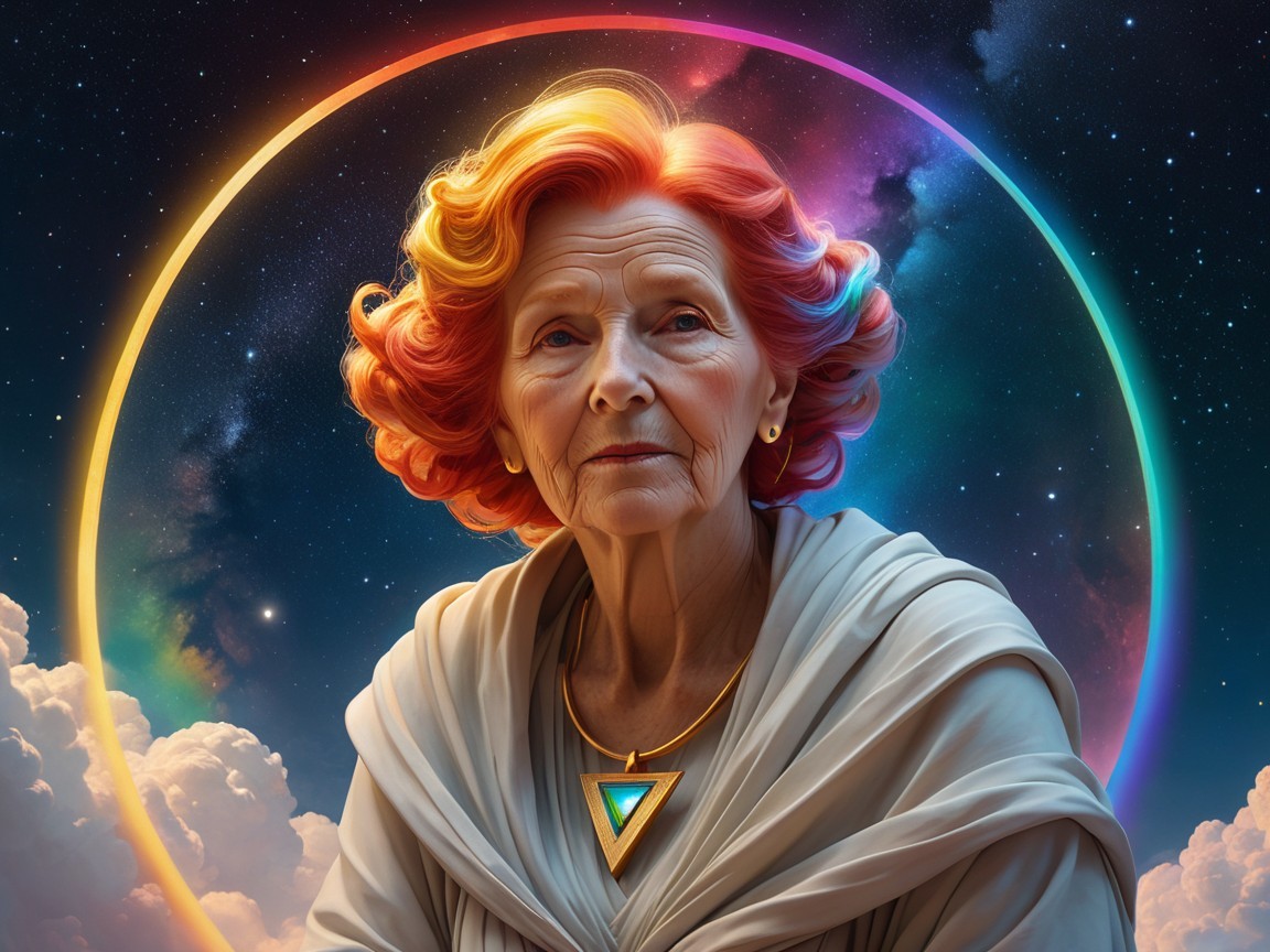 Elderly Woman with Colorful Curls in Cosmic Setting