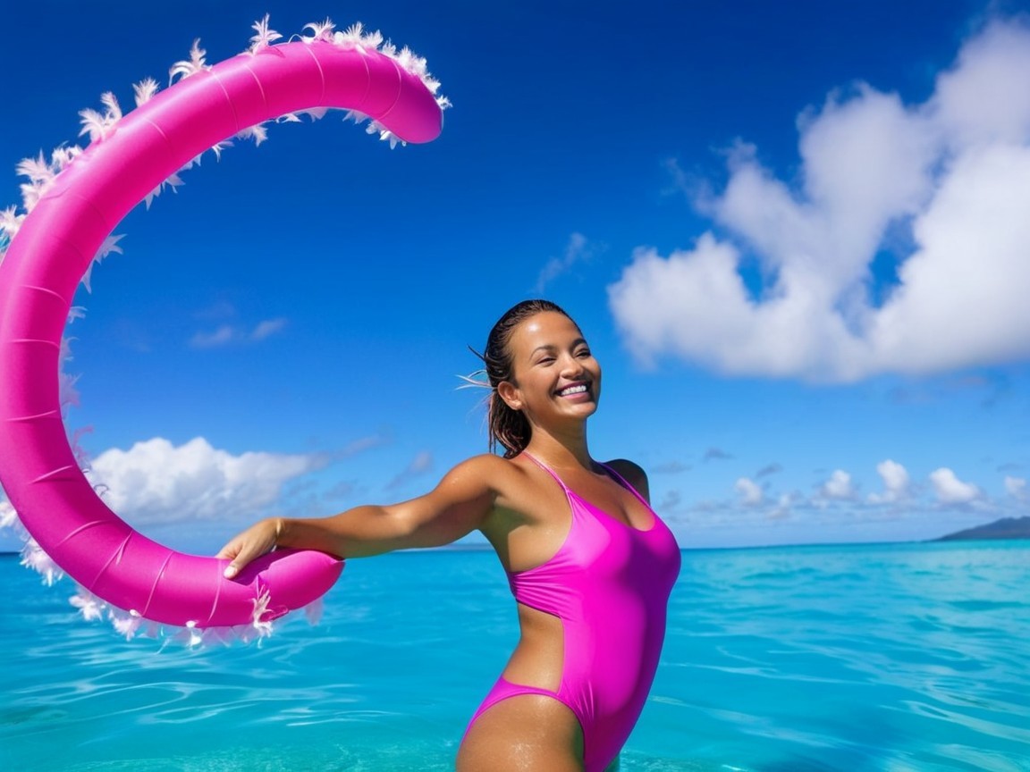 Joyful woman in pink swimsuit in turquoise waters