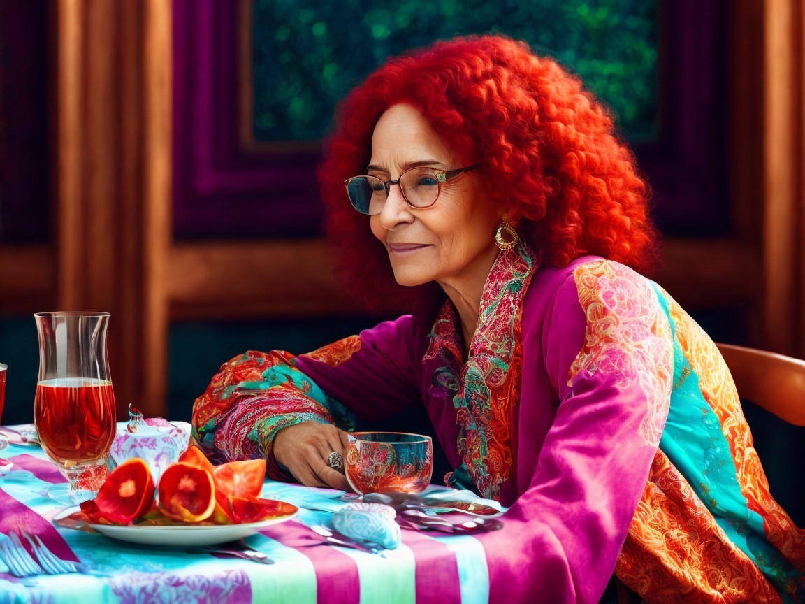 Woman with red hair at a colorful table setting