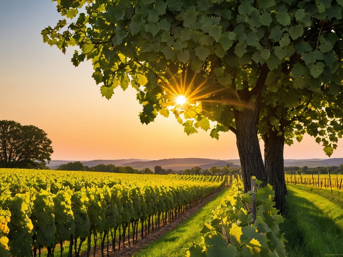 Vineyard Landscape at Sunset with Lush Green Vines