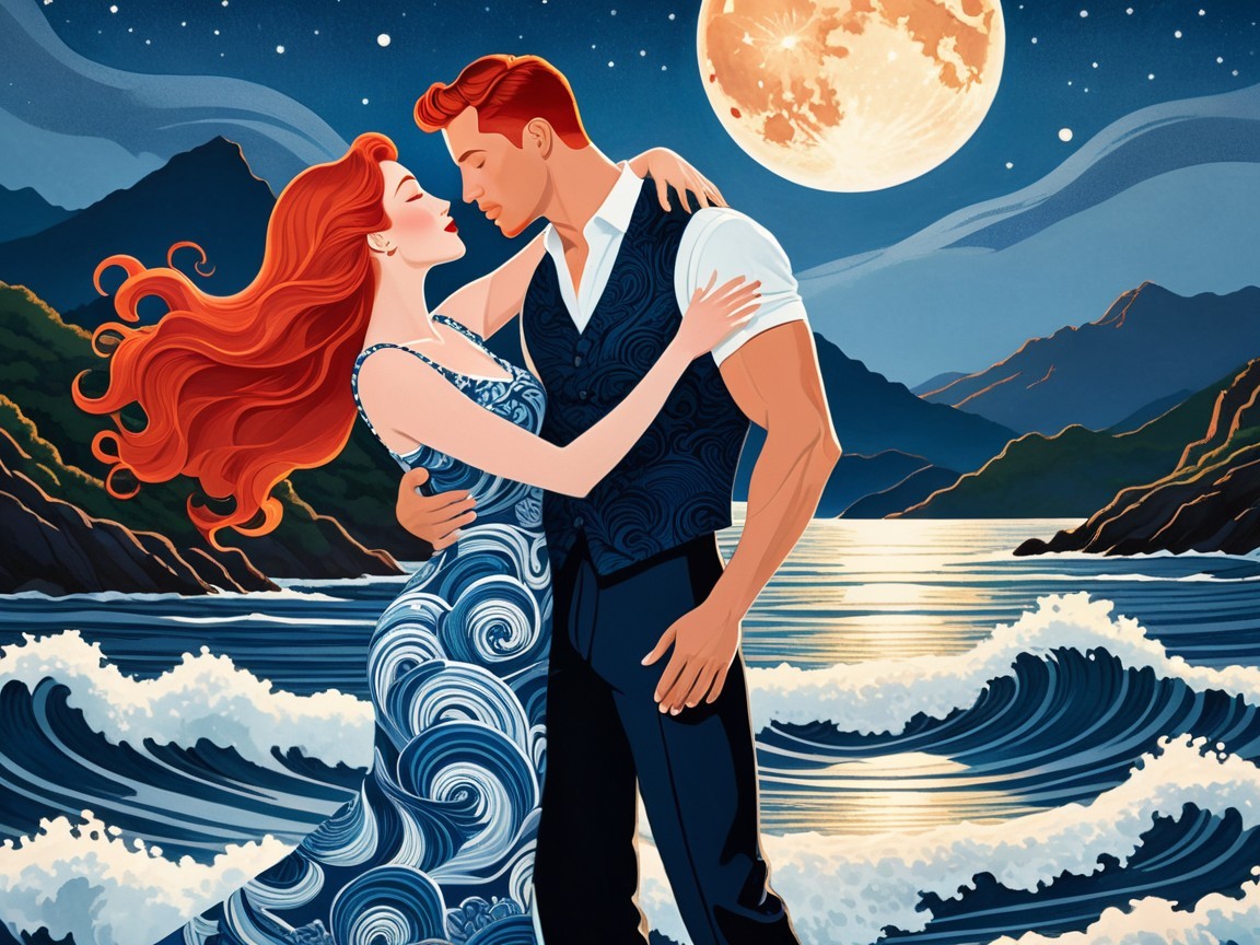 Romantic Shoreline Embrace Under Full Moonlight