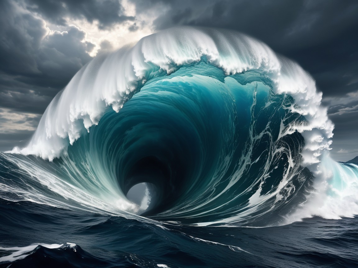 Dramatic Towering Wave Against Dark Cloudy Skies