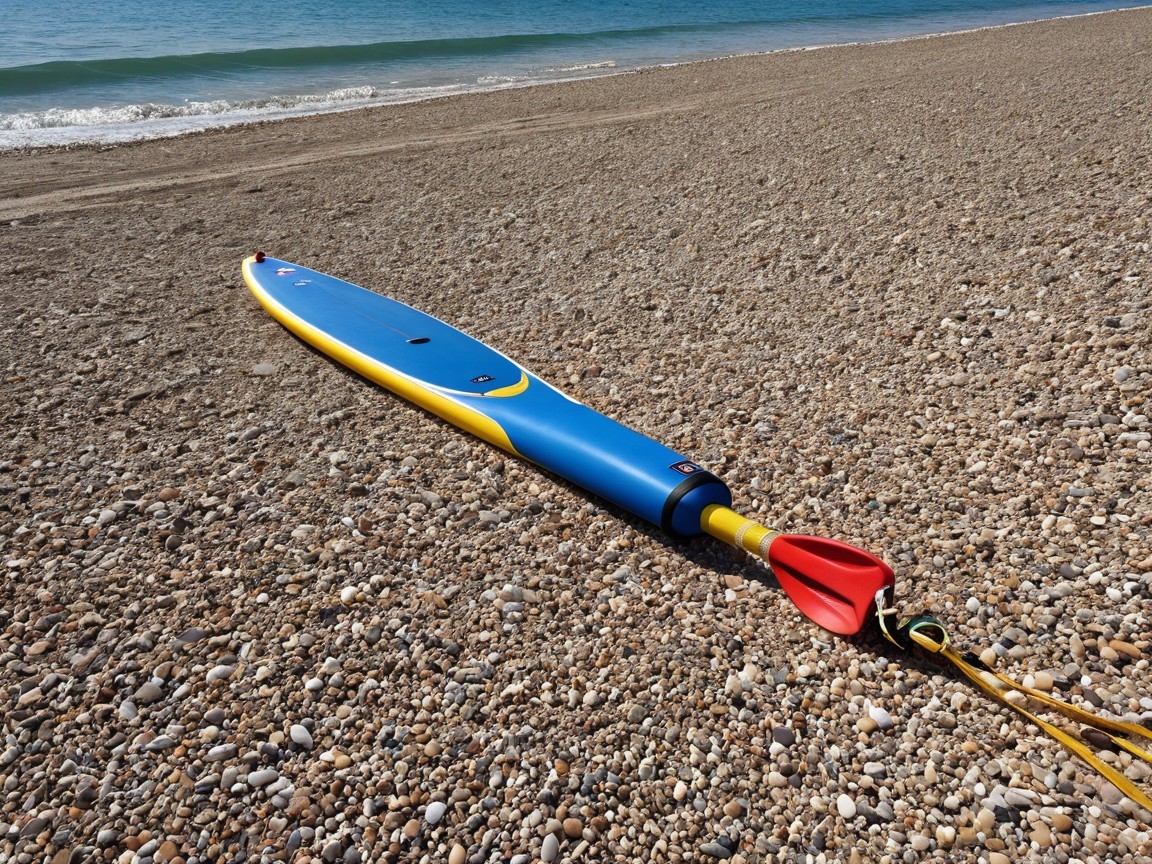 Vibrant Paddleboard on Sandy Beach with Calm Waves