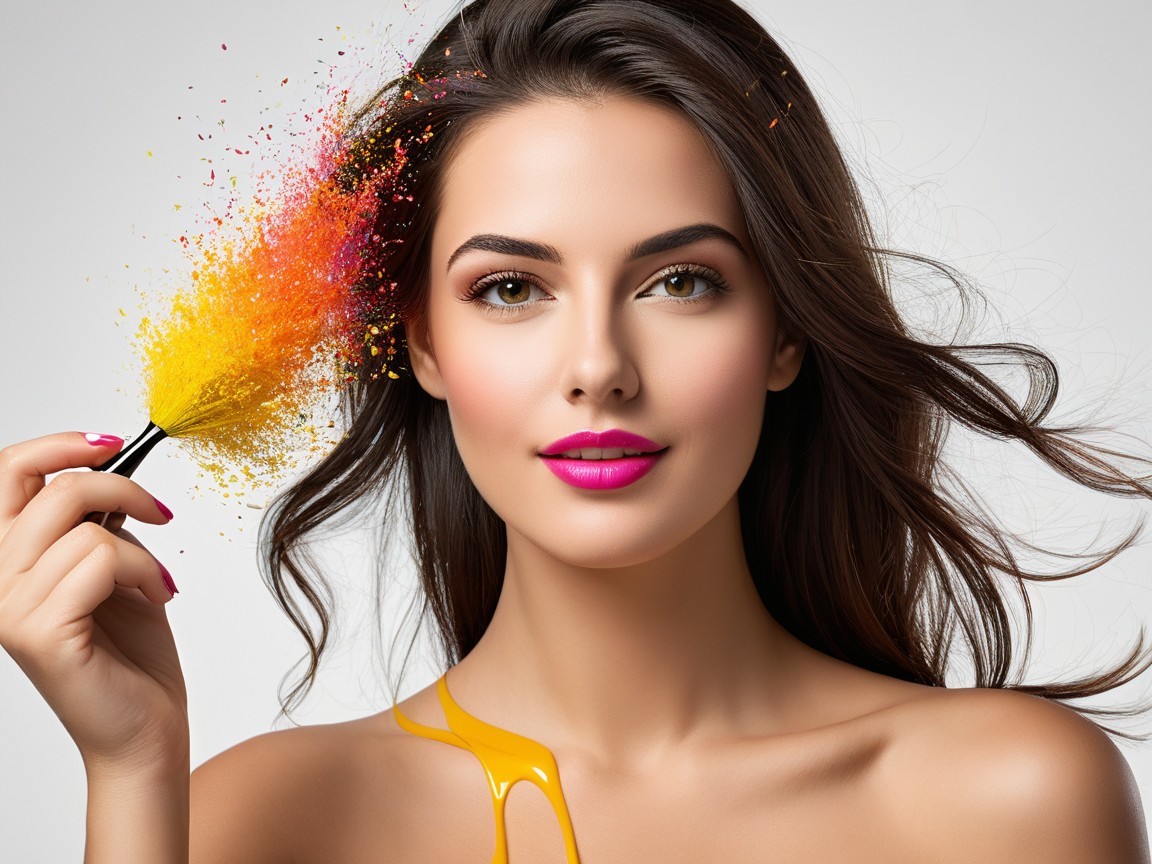 Glamorous Woman with Colorful Brush and Vibrant Particles