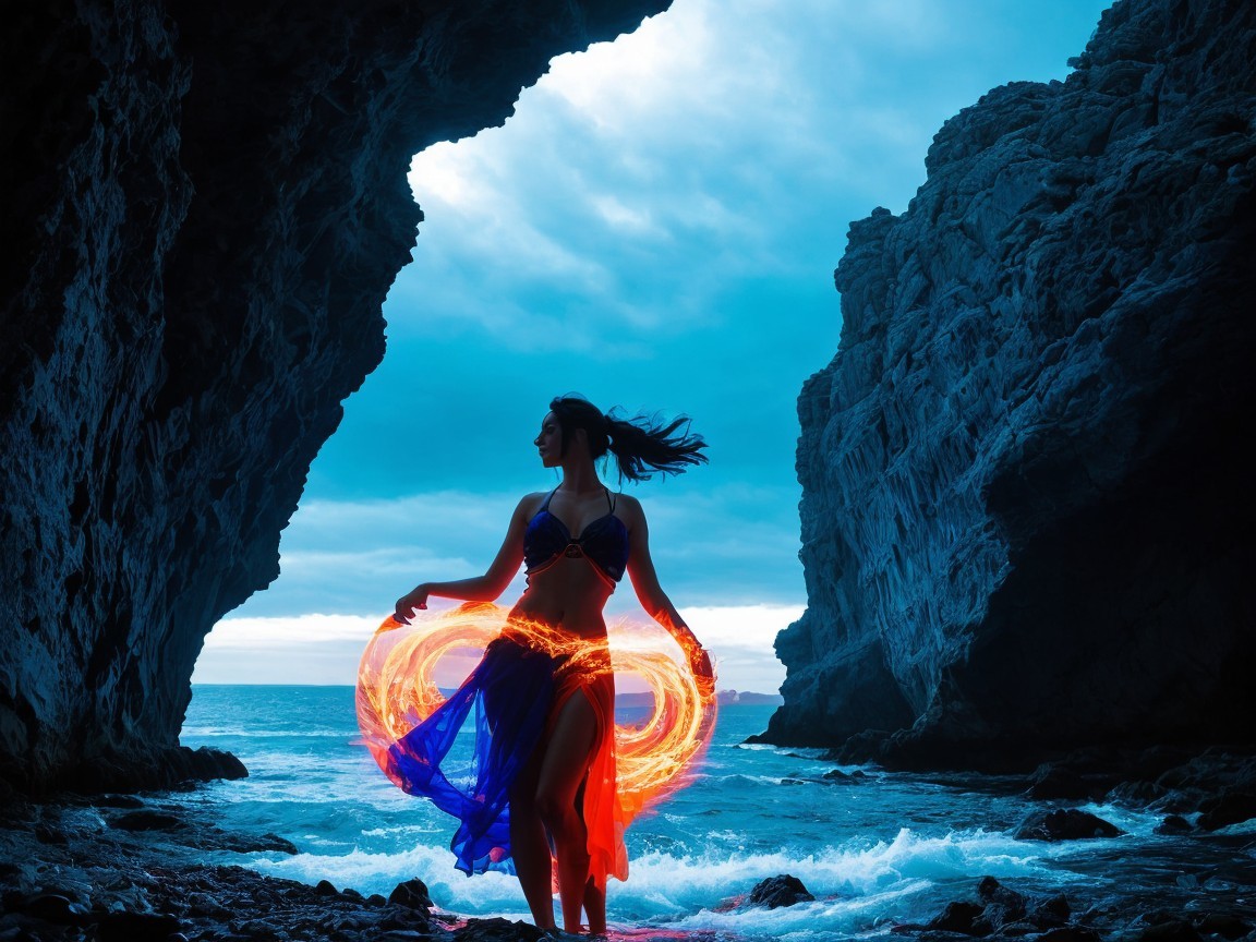 Silhouetted Woman at Rocky Coastline with Ocean Waves