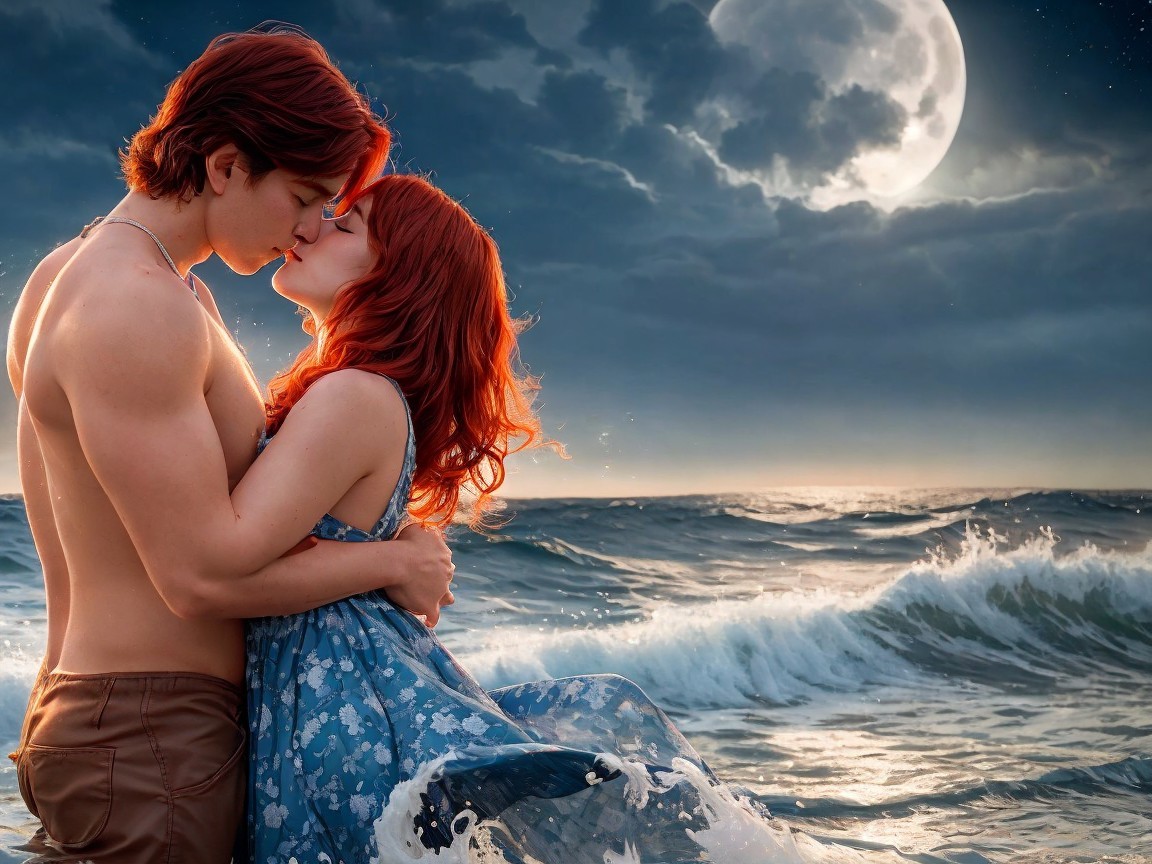 Couple Kissing at Water's Edge Under Full Moon