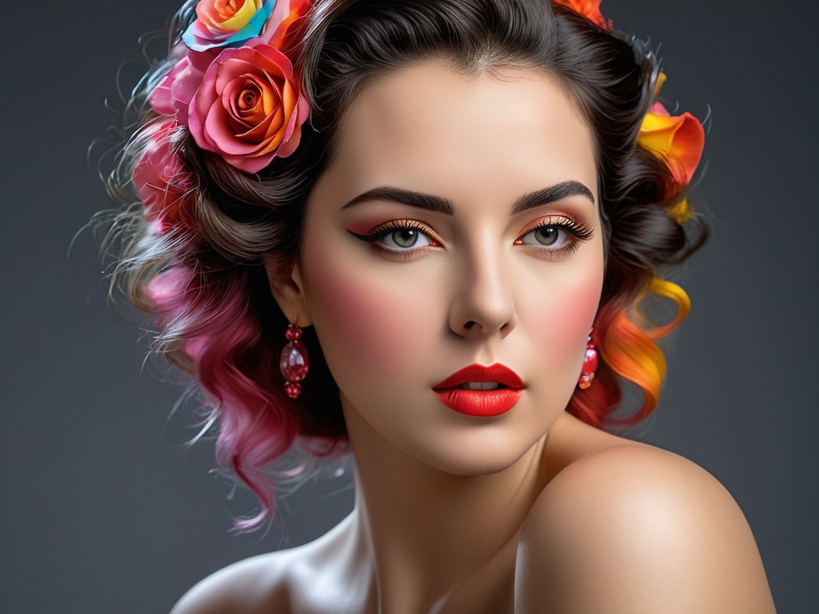 Portrait of a Young Woman with Curly Hair and Roses