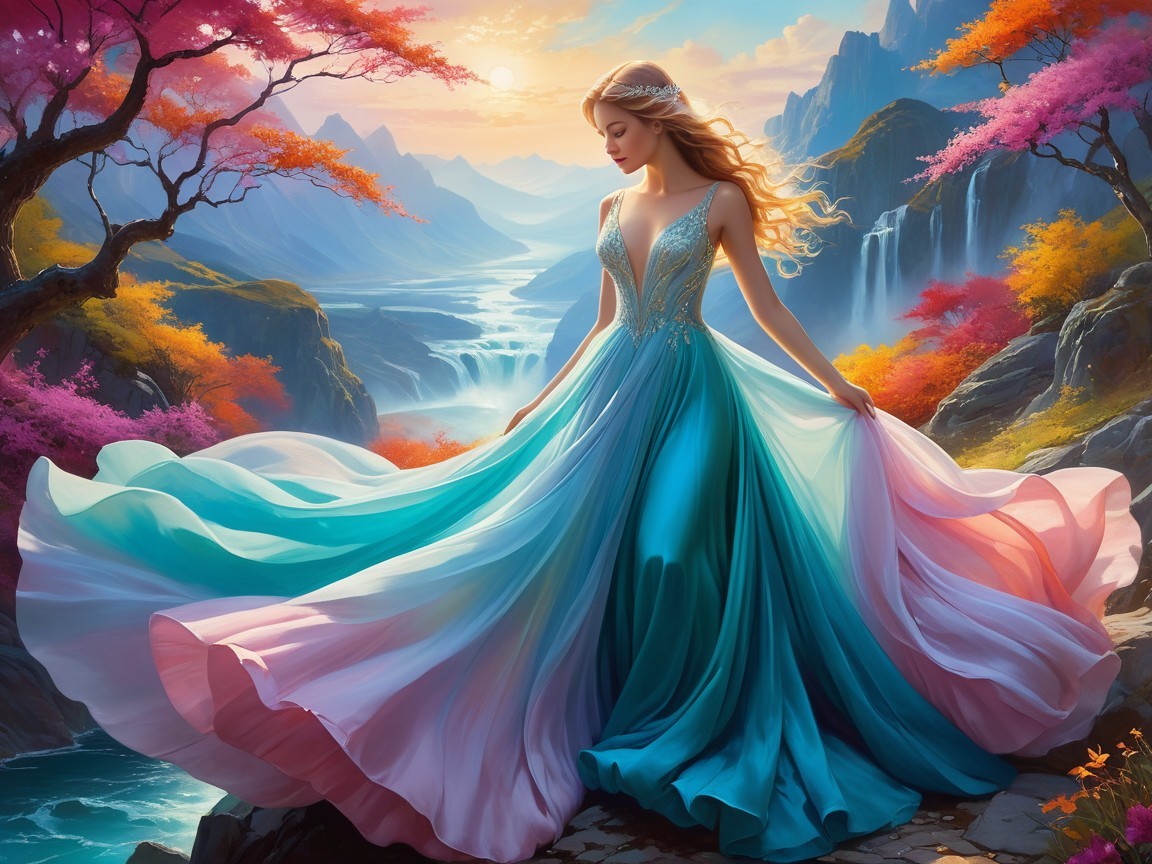 Woman in Gradient Gown by Vibrant Autumn Landscape