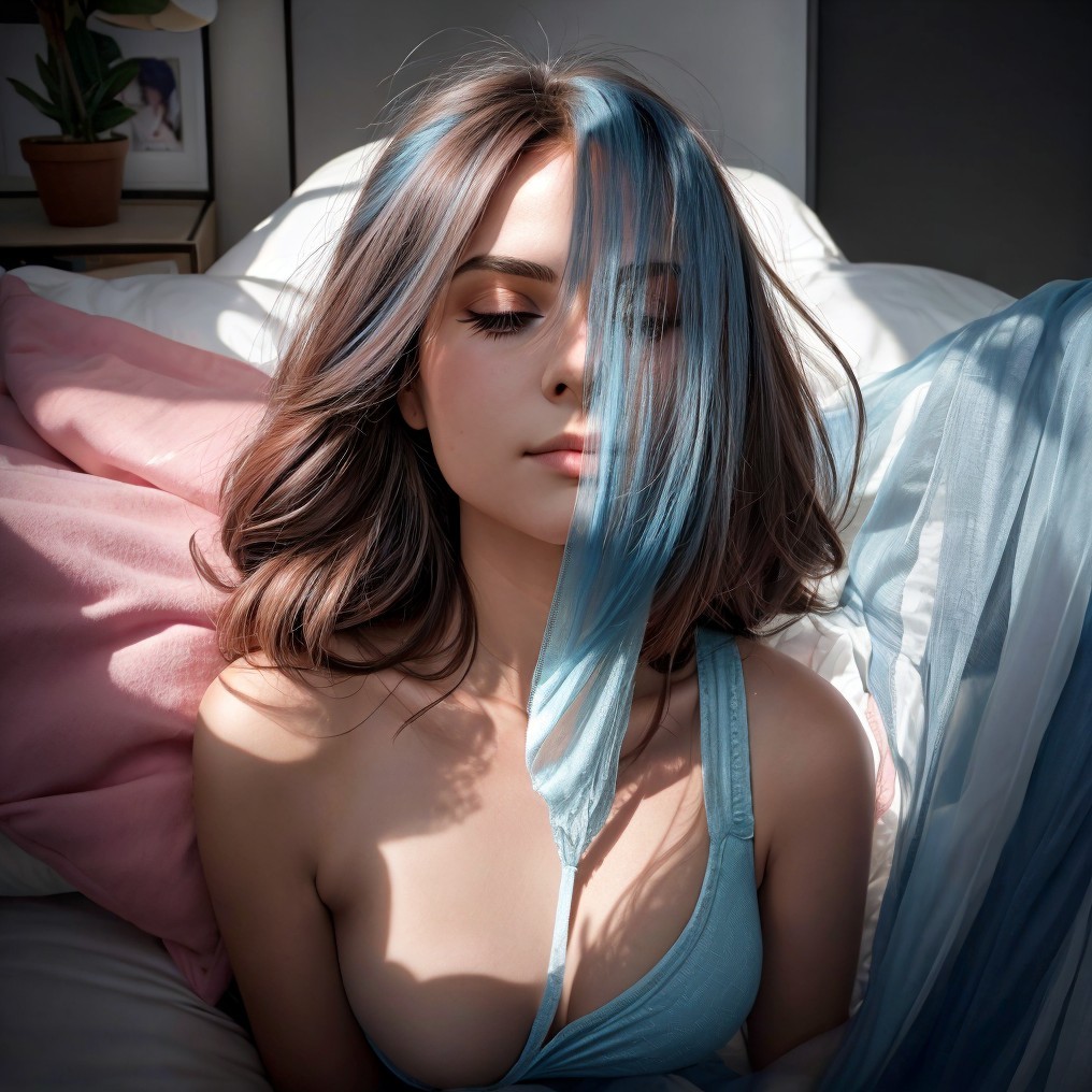 Young woman in serene pose with soft pillows