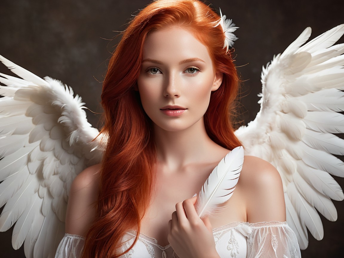 Pale Woman with Angel Wings and White Dress Portrait