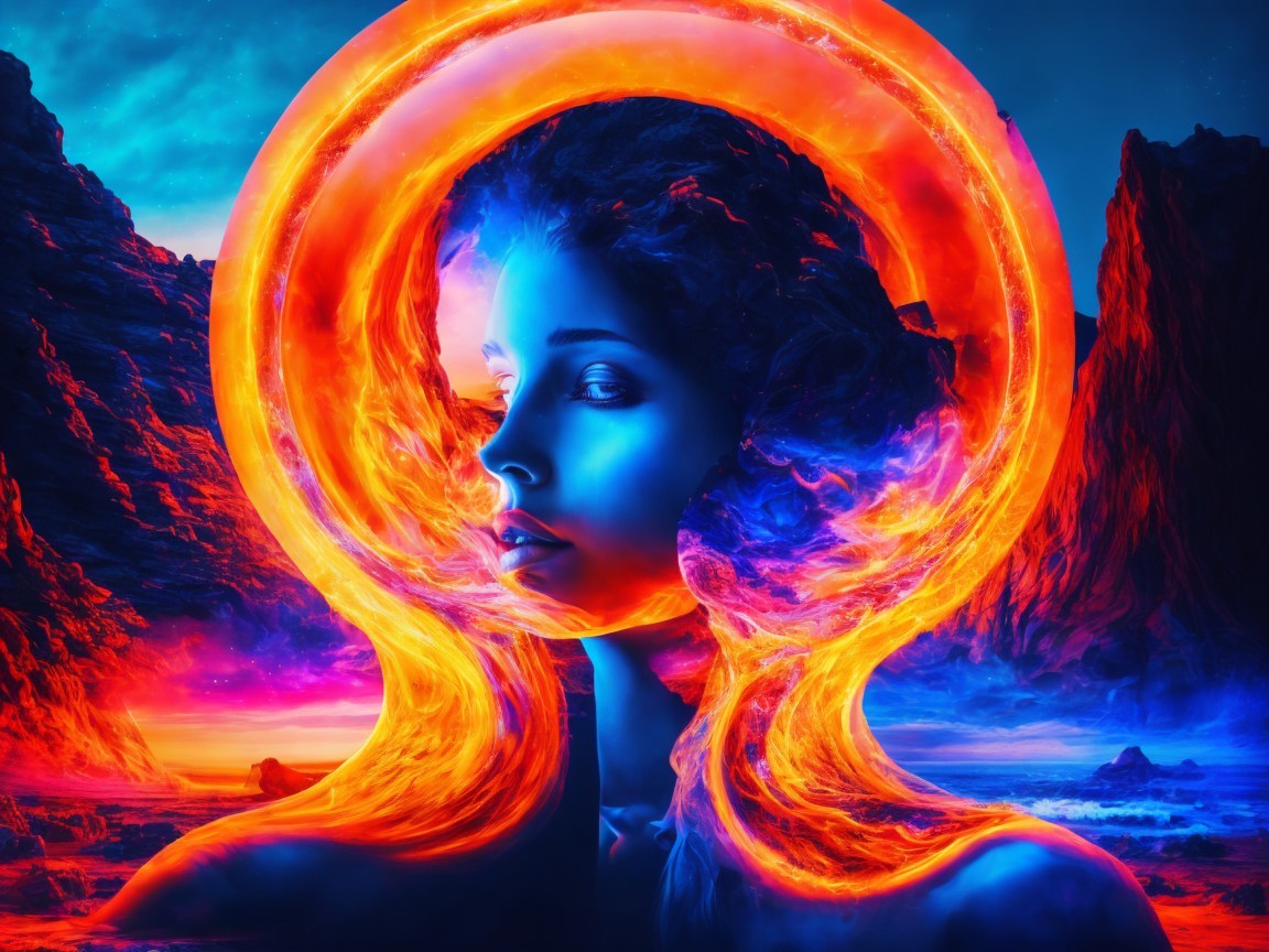 Surreal Scene of Woman's Face with Fiery Elements