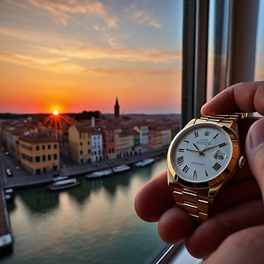 Luxurious Gold Watch Against Sunset Cityscape