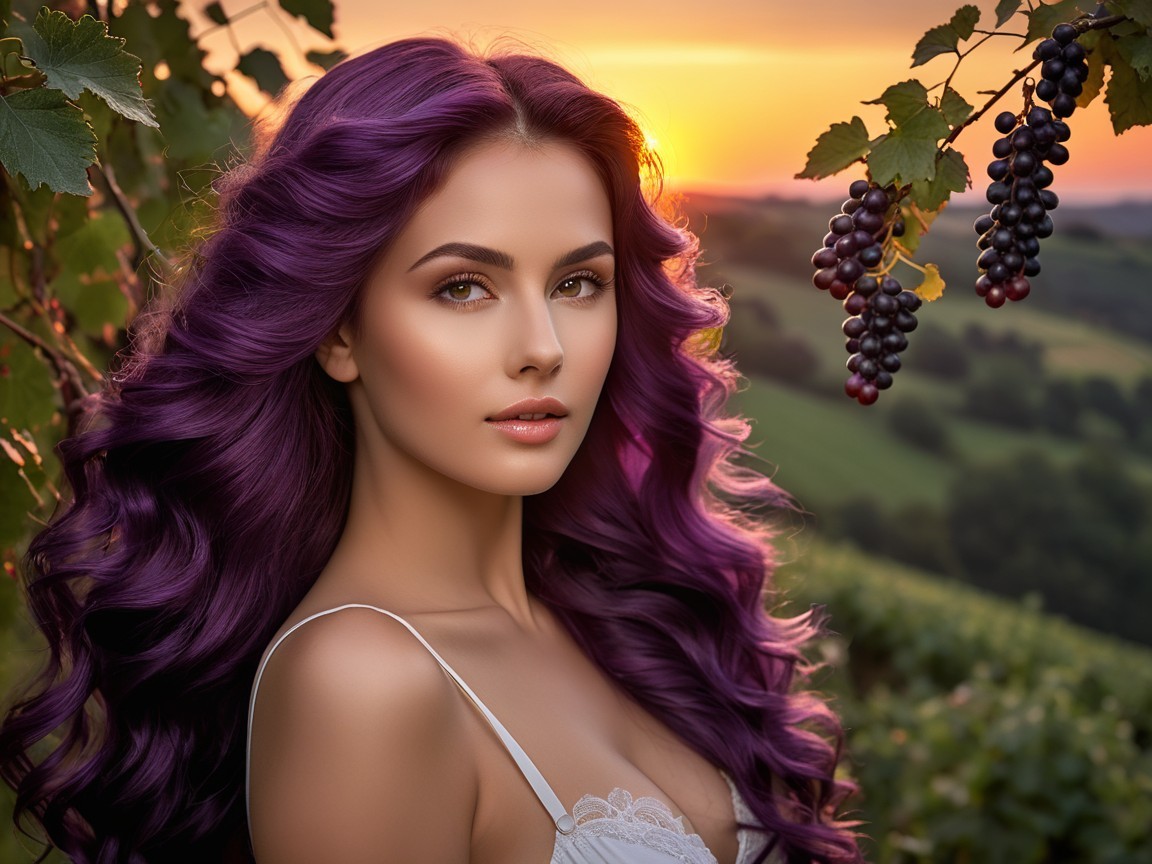 Woman with Purple Hair in Vineyard at Sunset