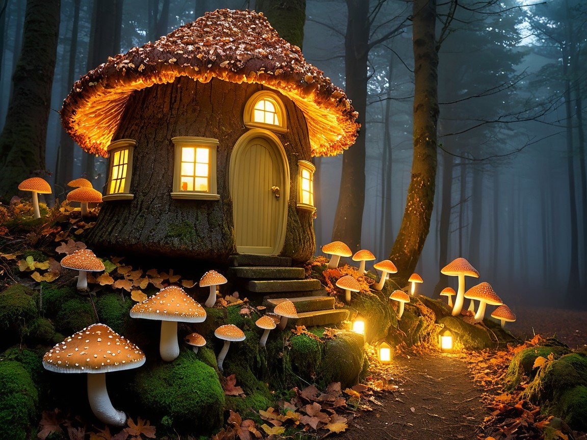 Whimsical Mushroom-Shaped House in a Misty Forest